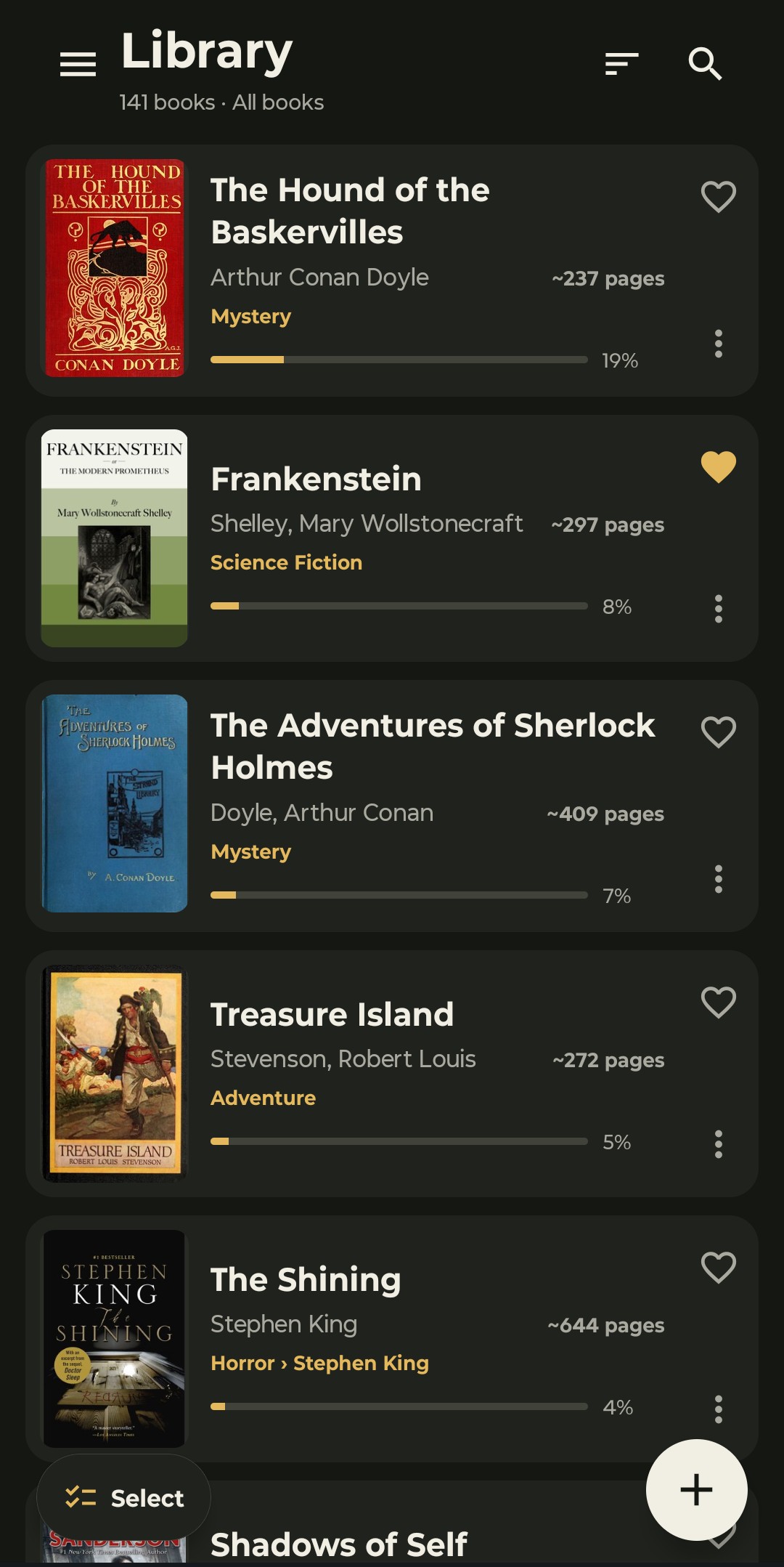 RIVI library showing books with covers, categories, page estimates and reading progress