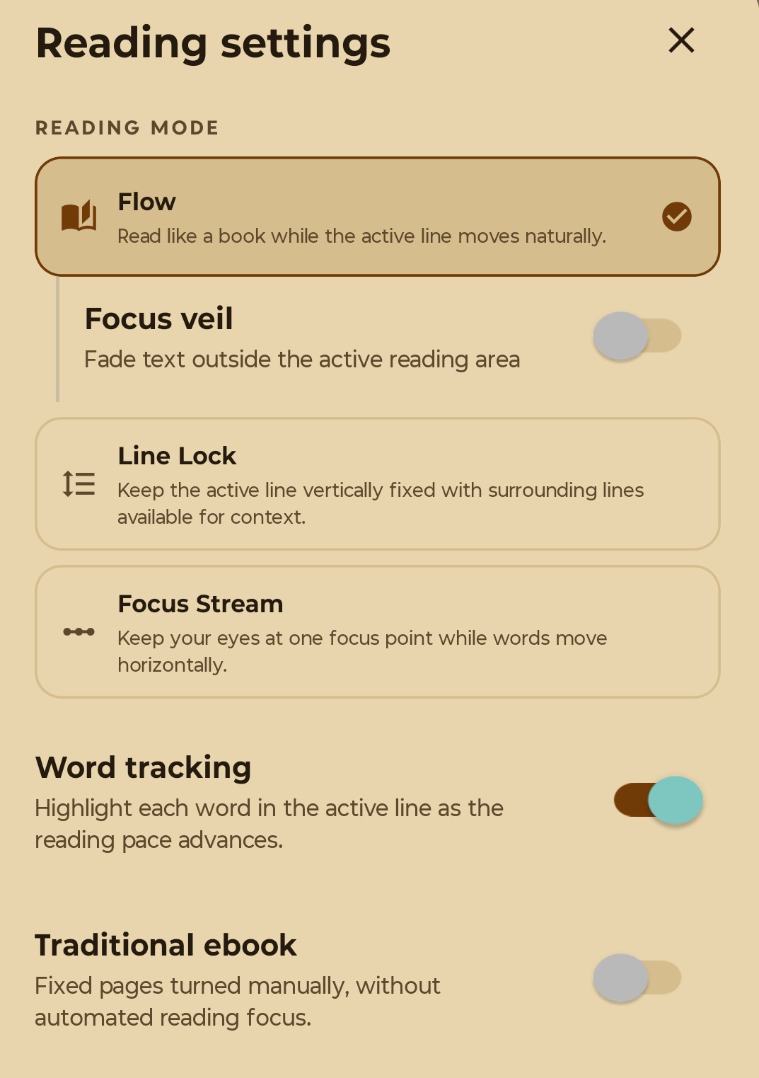 RIVI Reading settings showing Flow, Line Lock, Focus Stream, Word tracking and Traditional ebook options